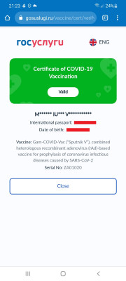 Сертификат международного образца о вакцинации российскими вакцинами