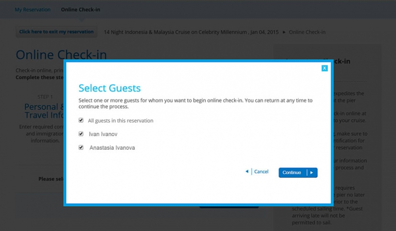 4. On-line регистрация на Celebrity Cruises