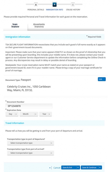 9. On-line регистрация на Celebrity Cruises