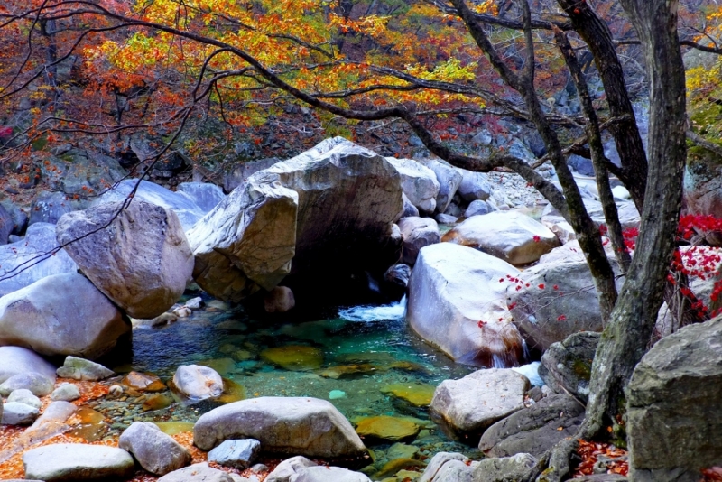 Парк Сораксан: маршрут Сынхаса-пик Тэчхонгбонг, осень на горной реке