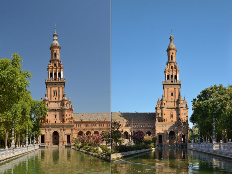 15. Sevilla. 207+903 - DSC_5842+6705. Plaza de España. Vista de la torre norte con el canal