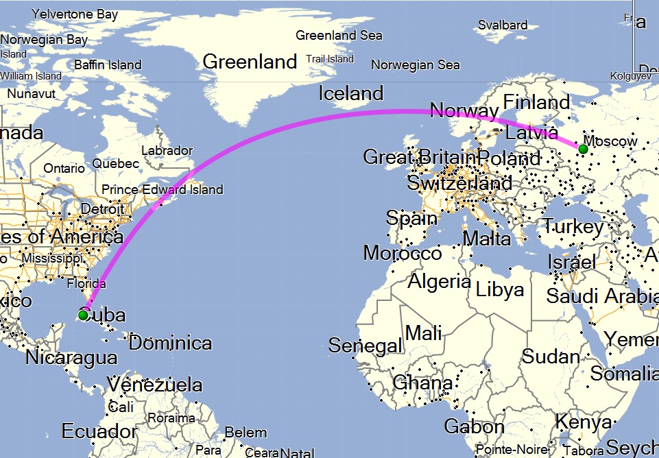 Траектория прямого перелёта Москва-Гавана • Форум Винского